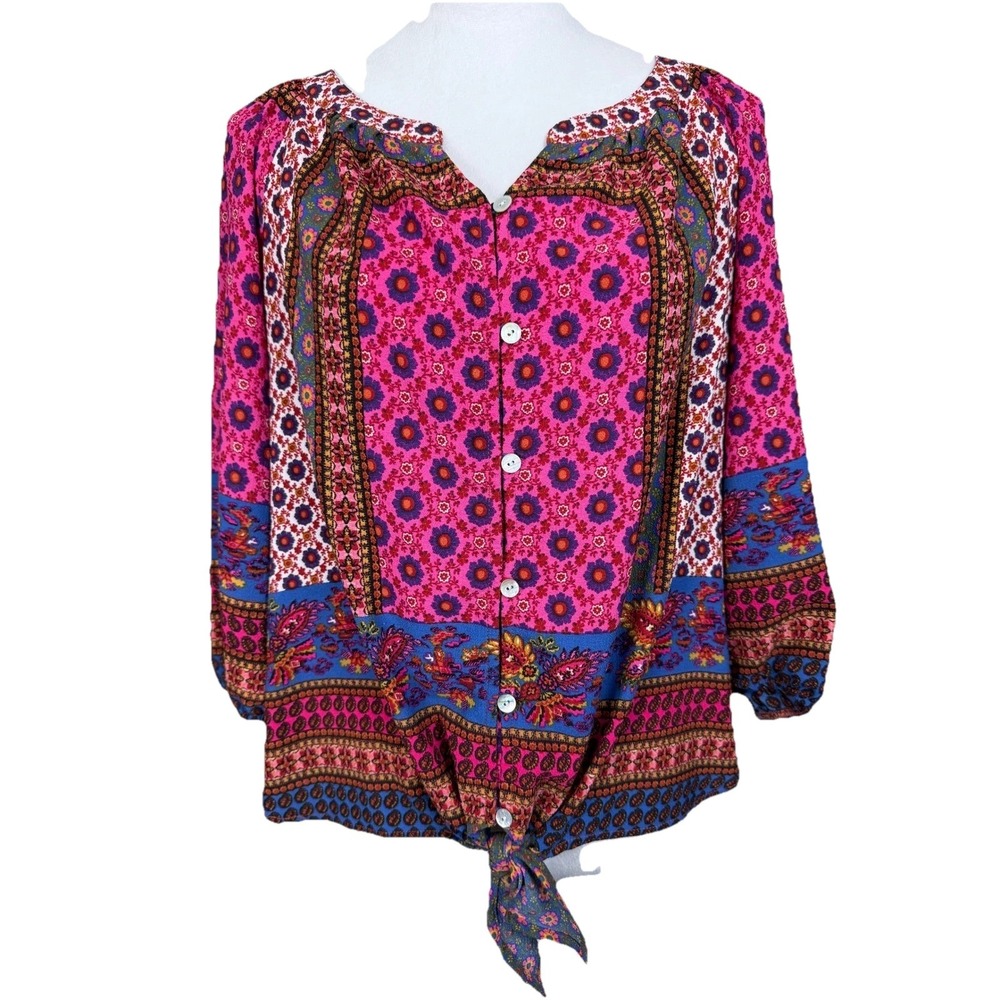 Figueroa & Flower Women's‎ PL Pink Blue Patchwork Tie Front Blouse Casual Boho